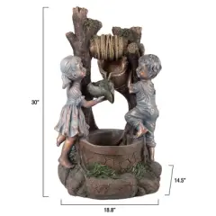 Nature Spring Outdoor Water Fountain Statue - Children at Well with LED Lights - 30", Brown