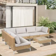 Yardgrace 7-Piece Cutout Wicker Hollow-Design Corner Sofa Outdoor Patio Conversation Sectional Seating Set