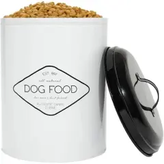 Amici Pet Buster Dog Food Metal Treat Storage Canister, 8.5 qt,White w/ Black Lid