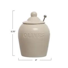 Storied Home 4 Inches Round Debossed Stoneware Jar with Stainless Steel Slotted Spoon Olives, White