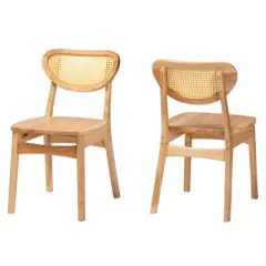 Baxton Studio 2pc Nenet Wood and Rattan Dining Chair Set Oak Brown/Light Brown: Mid-Century, Crescent Backrest, Angled Legs
