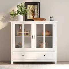 KWPZQEB Buffet Storage Cabinet, Kitchen Pantry Cabinet with Glass Door, Drawer & Unique Bell Handle, Wood Coffee Bar Station for Living Room, Kitchen