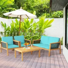 Tangkula 8PCS Patio Acacia Wood Furniture Set PE Rattan Conversation Set w/ Turquoise Cushions