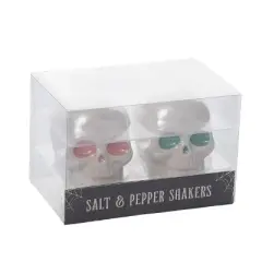 Transpac Dolomite 3 Inch Off White Halloween Iridescent Skull Salt and Pepper Shaker Set of 2 for Spooky Decor