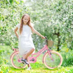 DSVIMOY 20 inch Girls Bike with Basket for 7-10 Years Old Kids, No Training Wheels Included, Pink, 55.51"*21.26"*32.48"