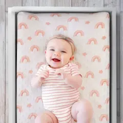 The Peanutshell Changing Pad Cover for Baby Girls, Rainbow Floral Plush Minky, Pink