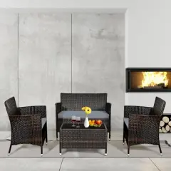 Tangkula 4PCS Patio Rattan Conversation Furniture Set Outdoor w/ Brown & Gray Cushion