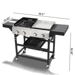 4-Burner Gas Grill with Plancha, Cast Iron Grids, Stainless Steel Burners, High-Temp Enamel Body, 38,240 BTU Outdoor BBQ for Patio & Backyard