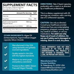 Black Seed Oil + DHA Supplement for Brain Health & Cognition, Cold Pressed Black Cumin Seed Oil + DHA Omega 3, Unflavored, Havasu Nutrition, 60ct