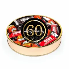 60th Birthday Sugar Free Candy Gift Tin Large Plastic Tin with Sticker and Hershey's Chocolate & Reese's Mix - By Just Candy
