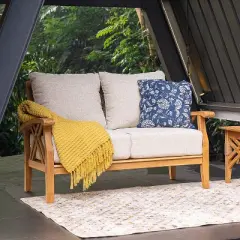 Cambridge Casual Carmel Teak Wood Patio Outdoor Loveseat with Tan Cushion