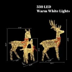 LuxenHome 3-Piece Deer Family Outdoor Holiday Decoration Set with Lights and Timer White, Red