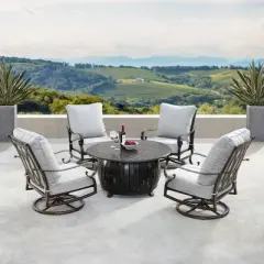 5pc Set with 44" Outdoor Aluminum Round Fire Table & 4 Deep Seating Swivel Rocking Chairs & Wind Blocker Lid - Oakland Living