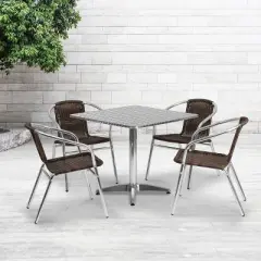 Emma and Oliver 31.5" Square Aluminum Garden Patio Table Set with 4 Rattan Chairs