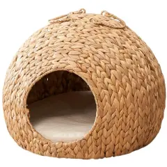 Kumasinova 18" Woven Cat Bed Cave,Water Hyacinth Cat Beds with Handles,Cat Beds for Indoor Cats with Breathable,Pet Bed for Any Size Cats,Light Brown