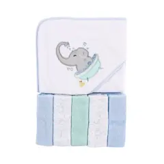 Luvable Friends Baby Boy Hooded Towel with Five Washcloths, Elephant Bath, One Size