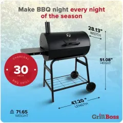 Grill Boss 30 Inch Barrel Charcoal Grill with Adjustable Grate, Large Cooking Area, Built In Temperature Gauge, and Durable Cast Iron Grates, Black