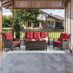 SUGOLD Outdoor Furniture 6 Pieces Patio Furniture Set Wicker Outdoor Sectional Sofa (Brown/Red)