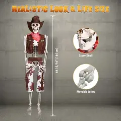 Yescom 5.4 Ft Life Size Cowboy Skeleton with Vulture & Owl Skeleton Halloween Decorations Party 2025 Brown