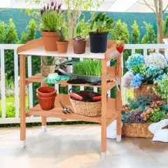 Tangkula Garden Wooden Potting Bench Work Station Table Tool W/5 Hooks Non-Slip Potting Tables Storage Shelf with protective footpads