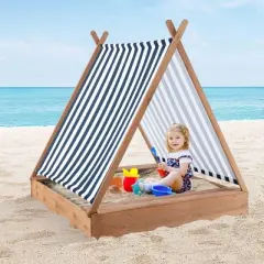 Costway Wooden Sandbox with Canopy Tent Design Fir Wood Frame 2 Bench Seats Bottom