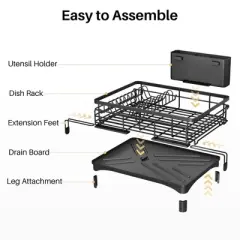 MaseiKar Expandable Dish Drying Rack, Stainless Steel Dish Drainer with Drainboard, Rustproof over Sink Drying Rack with Utensil Holder, Black