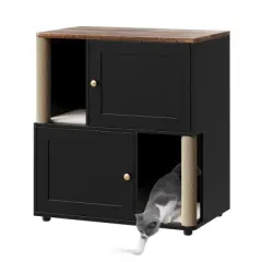 Cat Litter Box Enclosure with Dual Rooms for 2 Cats, Hidden Kitty Toilet Furniture Cabinet with Scratching Posts & Double-Layer Litter Mats