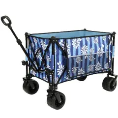 Heavy-Duty 480lbs Folding Wagon Cart with Bonus Picnic Mat - All-Terrain Beach Wheels, Drink Holders, Brakes & Side Pocket blue vertical print