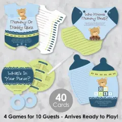 Big Dot of Happiness Baby Boy Teddy Bear - 4 Baby Shower Games - 10 Cards Each - Gamerific Bundle