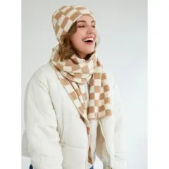 Shiraleah Tan and White Check Tanner Beanie