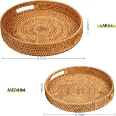 BRINJOY 2-Piece Round Woven Tray Set - Handmade Rattan Serving Trays with Handles (14.17" + 11.9")