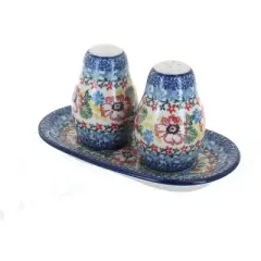 Blue Rose Polish Pottery 131 Ceramika Artystyczna Salt & Pepper Shakers with Tray