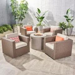 Christopher Knight Home Eli Outdoor Wicker 5 Piece Swivel Club Chair and Fire Pit Set with Cushions