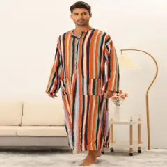 Lars Amadeus Men's Long Sleeves Button Striped Nightgown with Pockets