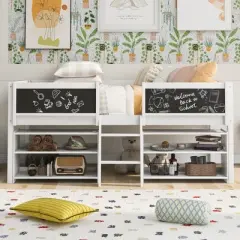 Twin Size Low Loft Bed with Two Removable Shelves, Ladder and Decorative Rail Chalkboard - ModernLuxe