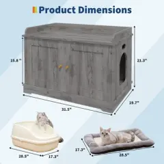 GustoWave Wooden Cat Litter Box Enclosure, Cat Washroom Furniture with Barn Door, Hidden Litter Box Cover, Dog Proof Feline Litter Boxes, Gray