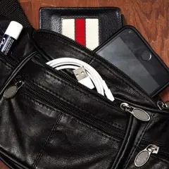 Juvale Fanny Pack, Genuine Sheep Leather Waist Bag Pouch with Multiple Pockets, for Travel Hiking Running Cycling, Black