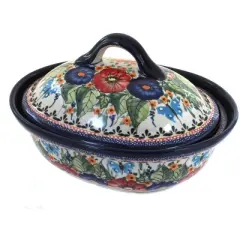 Blue Rose Polish Pottery 1156 Zaklady Small Oval Baker with Lid