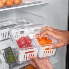 OU Clear Fridge Organizer Set, 4 Pack Stackable Produce Bins with Dual Removable Basket Drainers, BPA Free Fridge Storage for Fruits & Veggies, 74.3oz