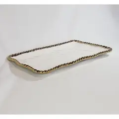 White Ceramic Serving Tray with Gold Accent Rope Rim