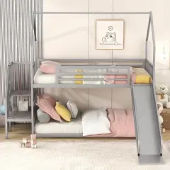 Twin over Twin Metal Bunk Bed House Bed with Slide and Staircase-ModernLuxe