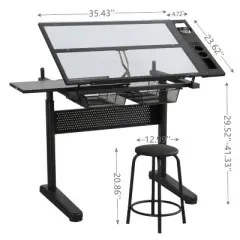 Gulches Black Hand Crank Adjustable Drafting Table with 2 Metal Drawers Stool 5mm Tempered Glass Top 75 105cm Height