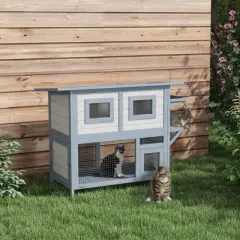 PawHut Outdoor Cat House, 2 Tier Weatherproof Feral Cat Shelter with Escape Door, Asphalt Roof for Outside, Backyard, Light Gray