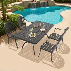 5-Piece Cast Aluminum Outdoor Dining Set with Blue Cushions, Rectangle Table & Stackable Chairs - for Patio, Backyard