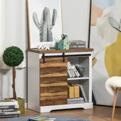 HOMCOM Rustic Farmhouse Accent Buffet Cabinet, Sideboard with Sliding Barn Door and Interior Shelves, White/Brown