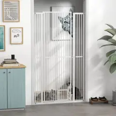 PawHut 67" Extra Tall Pet Gate for Cats, 30"-41" Dog Gate with Cat Door, 1.4" Narrow Gap, 2.8" and 5.5" Extension, for Doorway, Hallway, Stairway