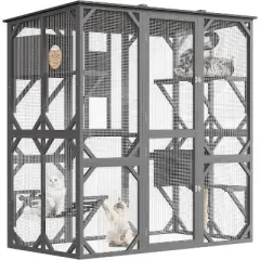 70 Inches Large Wood Catio Outdoor Cat Enclosure with Perches and Condos, Cat House with Waterproof Roof, Cat Hammock Shelter Platforms & Resting Box