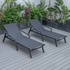 LeisureMod Marlin Patio Chaise Lounge Chair With Armrests in Black Aluminum Frame Set of 2