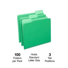 MyOfficeInnovations Colored Top-Tab File Folders 3 Tab Green Letter Size 100/Pack 224543