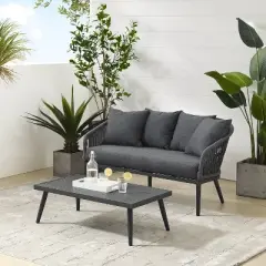 Dover 2pc Outdoor Rope Conversation Set with Loveseat & Coffee Table - Charcoal/Matte Black - Crosley